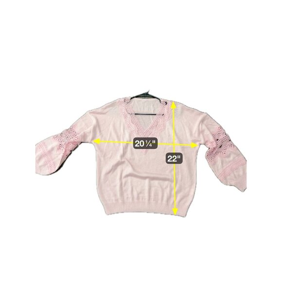 Relaxed Fit Pink Lace Trimmed Deep V Neck Sweater SZ Large Crochet Detail - Picture 8 of 10